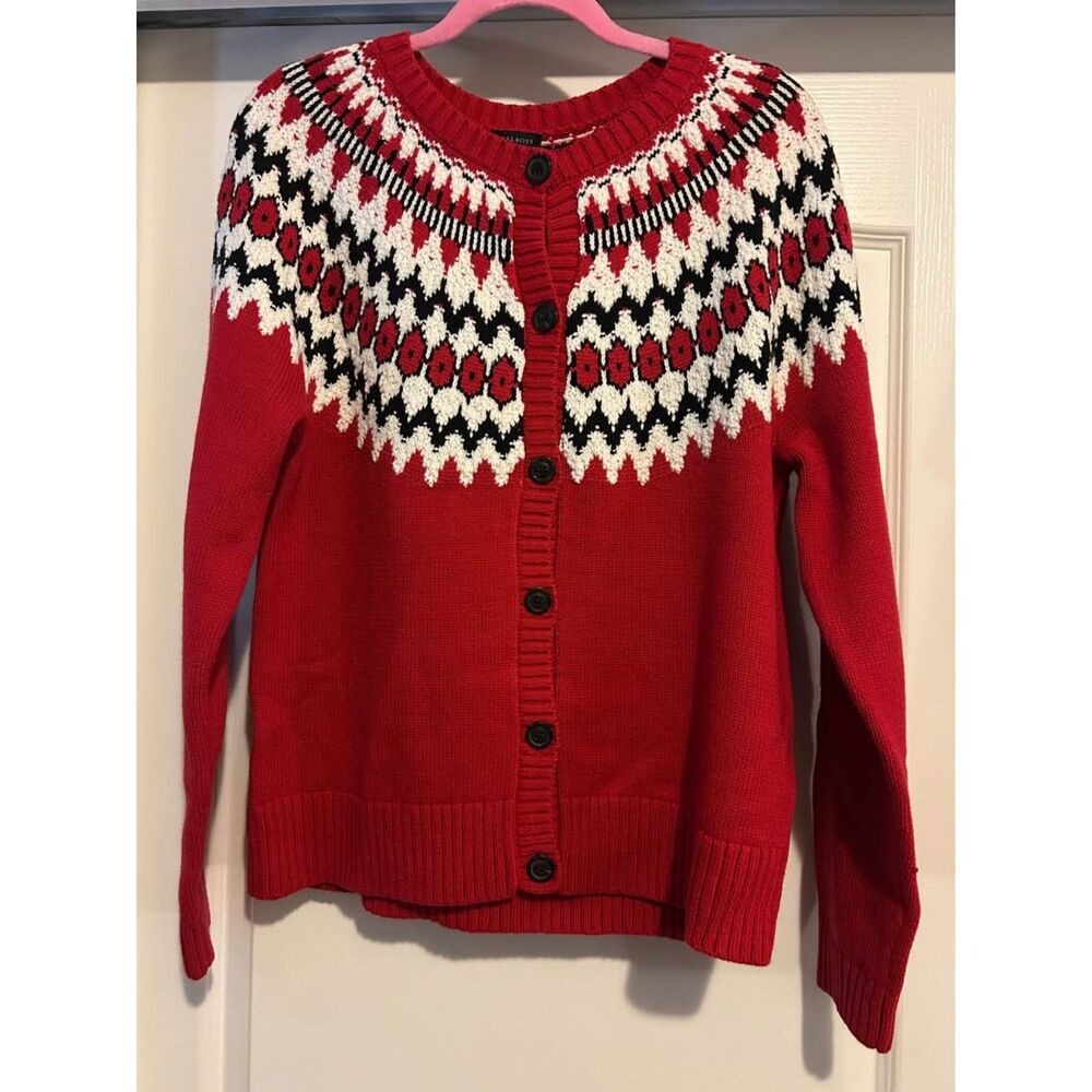 Talbots red white black fair isle Nordic cardigan sweater woman's L